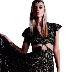 Free People Jasper Black and metallic Gold shooting Star lux Pattern Dress Sz 12